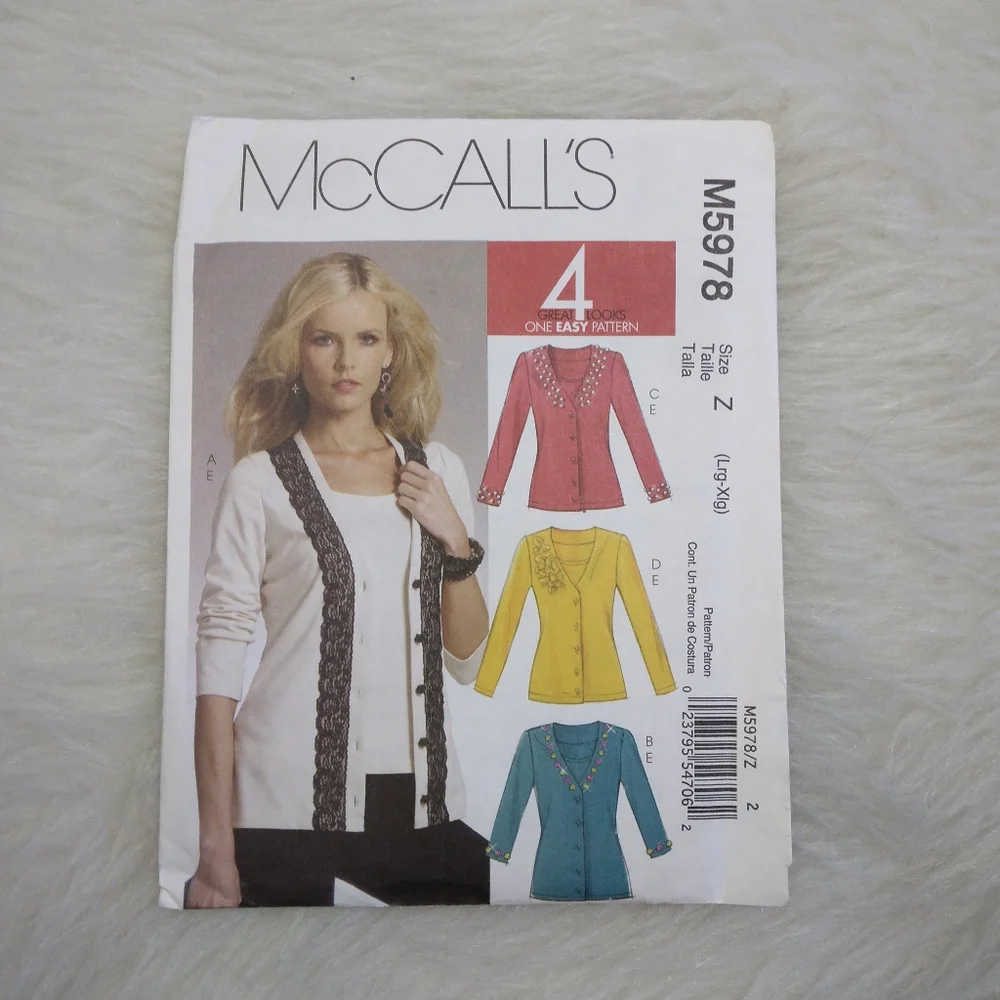 MCCALL'S M5978 SZ L-XL 4 Great Looks 1 Easy Pattern Misses Cardigan Tops & Pullo